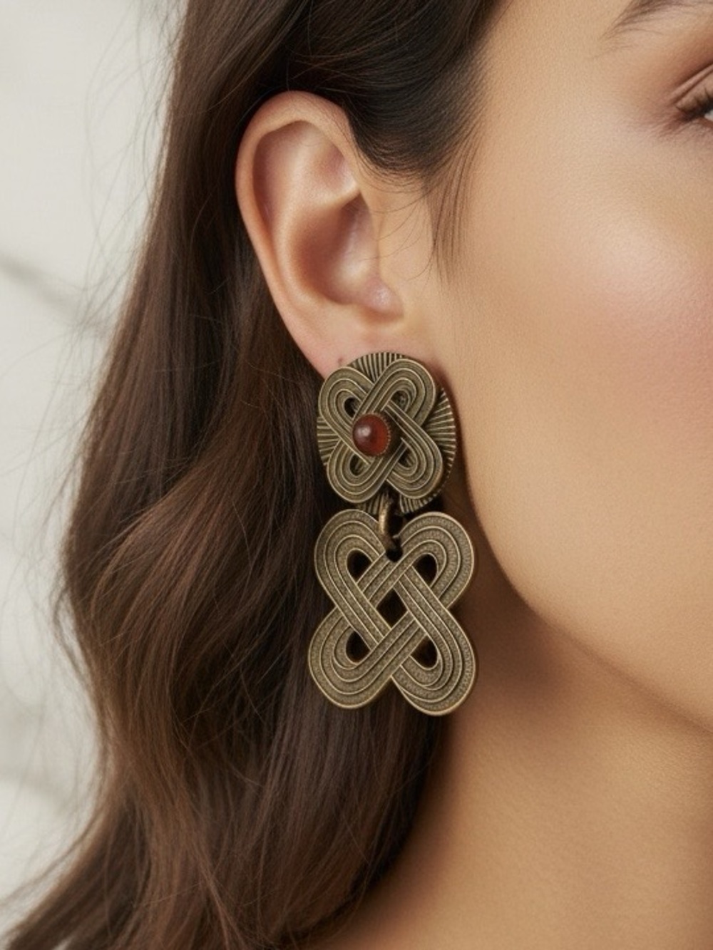 Jan Michaels San Francisco Antique Brass Knot Drop Clip-on Earrings